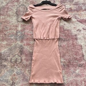 FP Beach Pink Ribbed Knit Midi Dress Scoop Neck Short Sleeve Size S